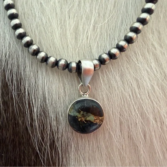 ❤️ Black Jack Turquoise Round Lightning Pendant Navajo Style Sterling Unisex - Picture 6 of 13